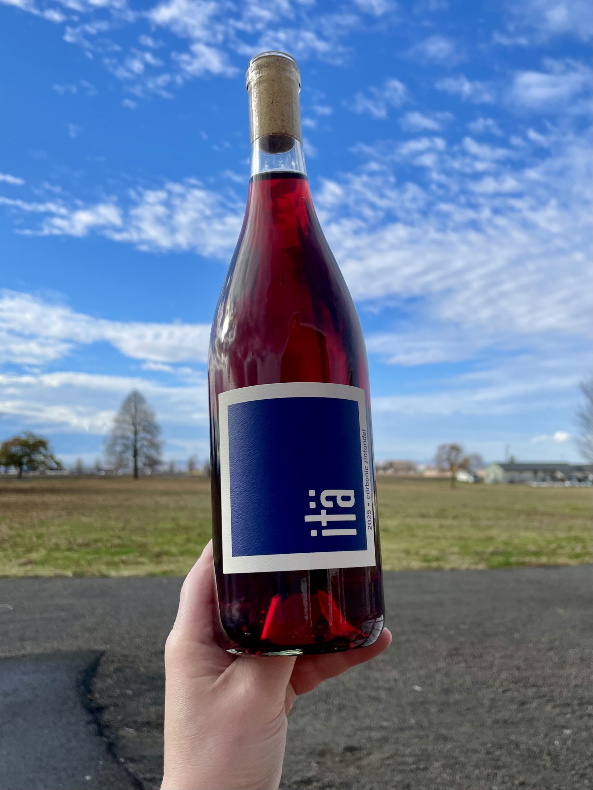 Hand holding a bottle of 2025 itä wines Carbonic Zinfandel with a bright blue sky and open fields in the background in Walla Walla, WA