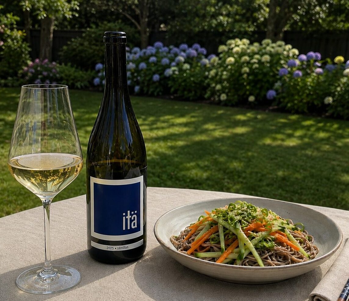 A bottle and glass of itä sémillon on an outdoor table beside a bowl of cold soba noodle salad with julienned carrots, cucumber, and scallions.
